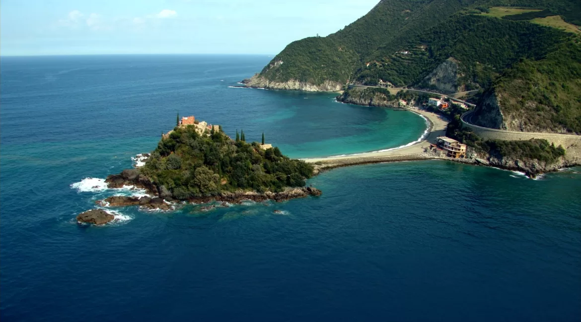 Isola Bella and Mazzaro bay below Taormina, the narrow shingle causeway linking island to beach