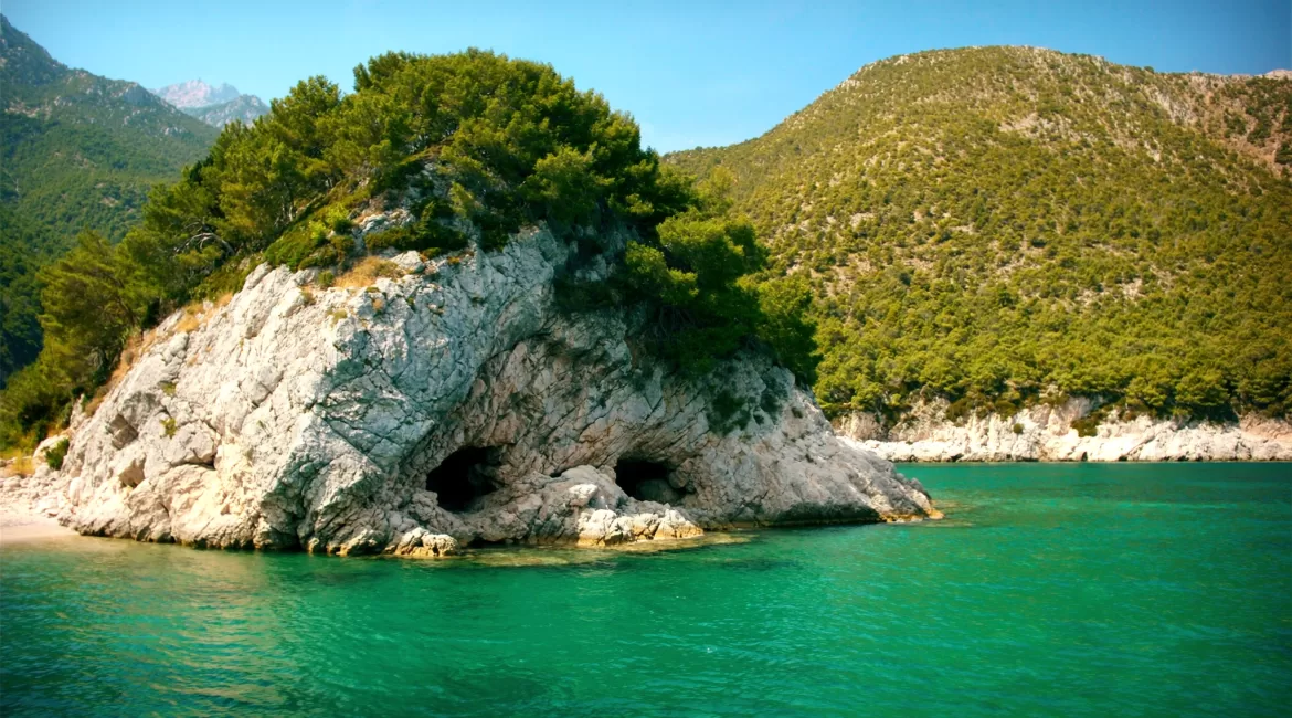The seaward side of the Isola Bella nature reserve near Taormina, seen from a boat
